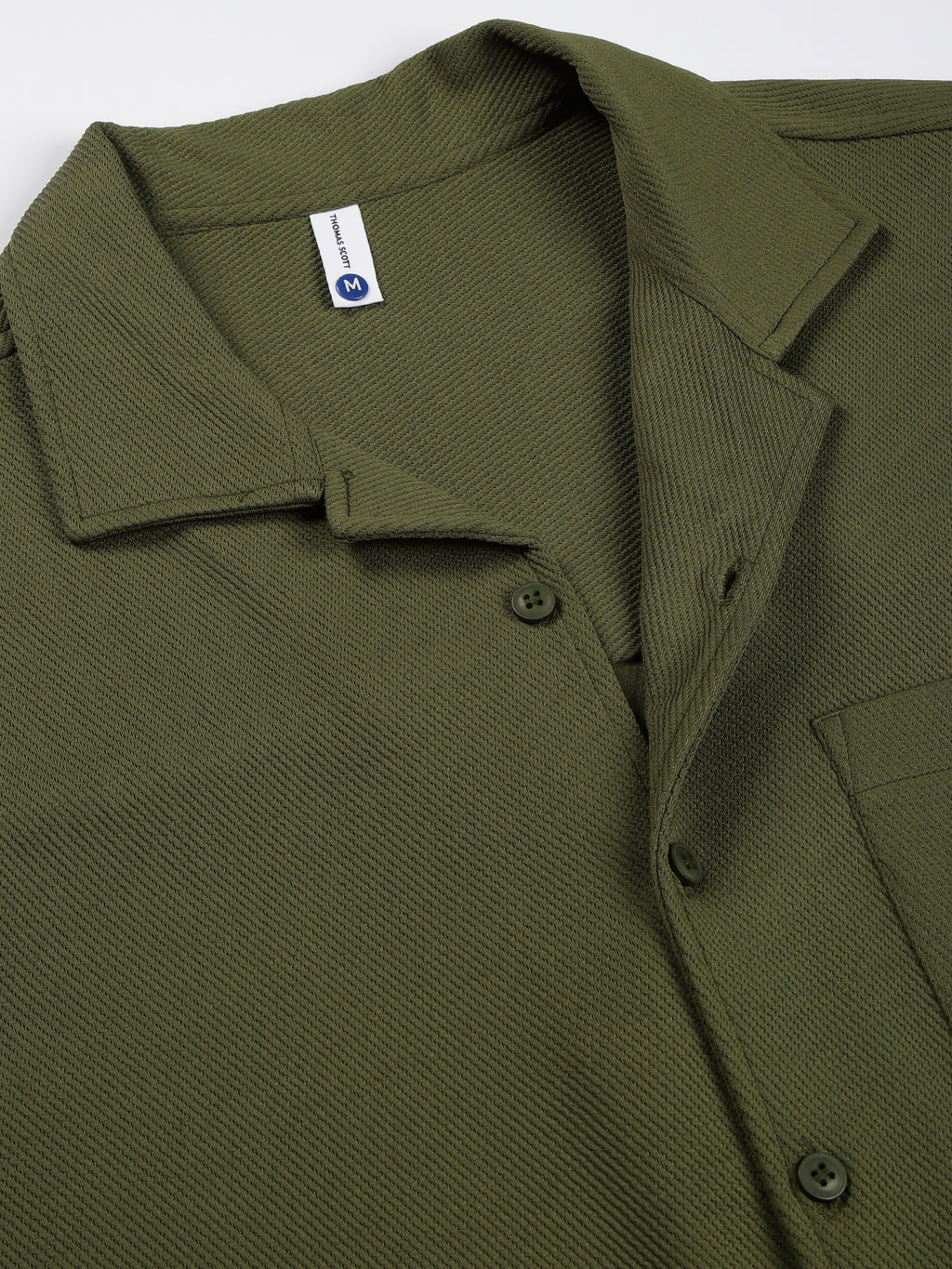 Thomas Scott Men Olive Premium Short Sleeves Regular Fit Cuban Collar Textured Cotton Twill Shirt