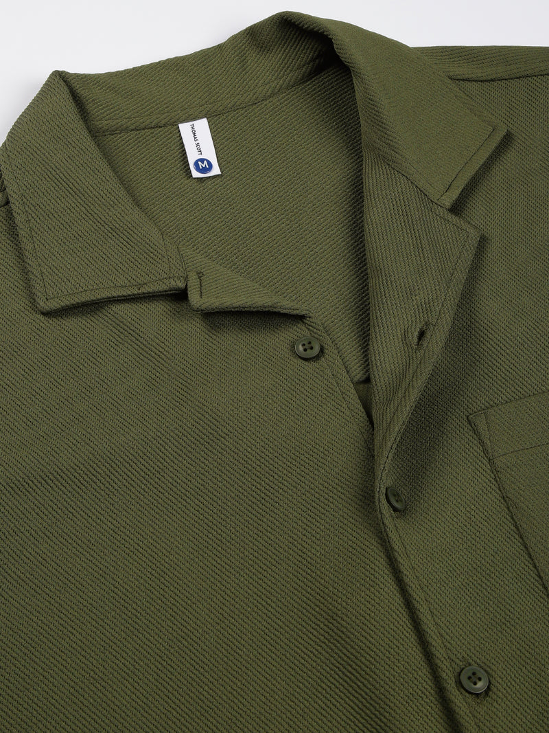 Thomas Scott Men Olive Premium Short Sleeves Regular Fit Cuban Collar Textured Cotton Twill Shirt