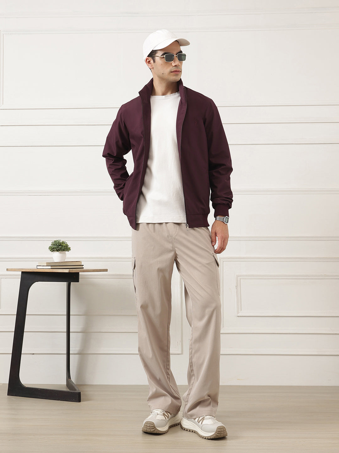 Burgundy Regular Fit Solid Full Sleeves Stand Collar Zip-Front Casual Bomber Jacket For Men