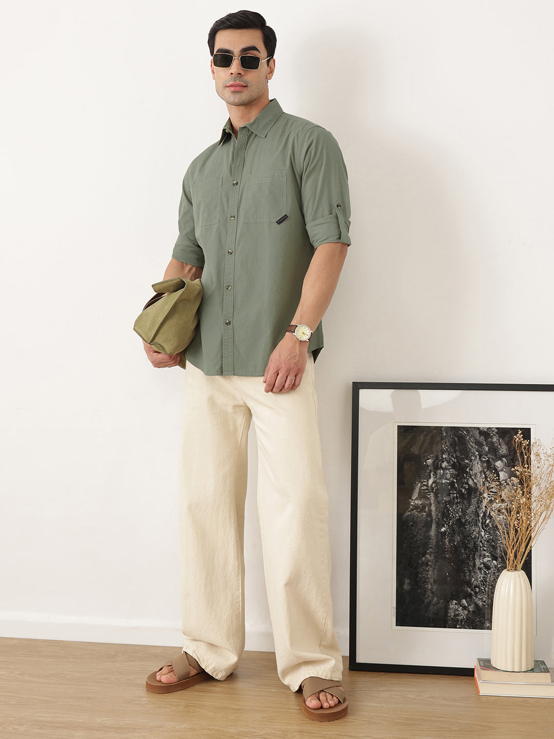 Thomas Scott Men Premium Mint Slim Fit Long Roll-Up Sleeves Spread Collar Solid Cotton Casual Shirts