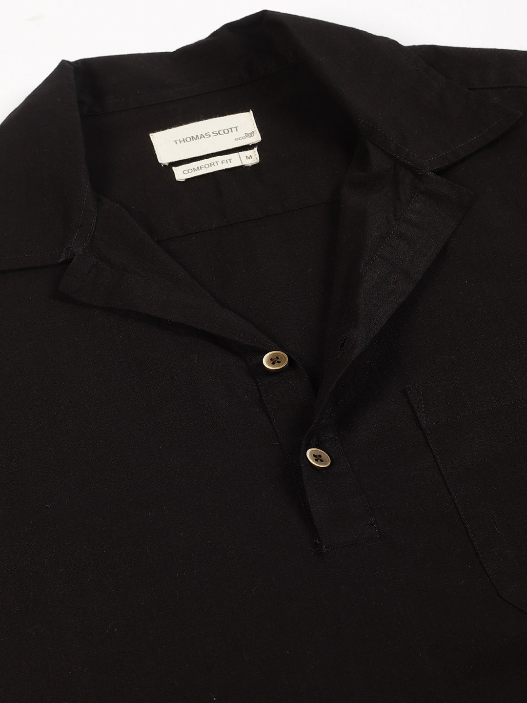 Thomas Scott Men Black Classic Short Sleeves Regular Fit Spread Collar Solid Cotton Casual Shirt