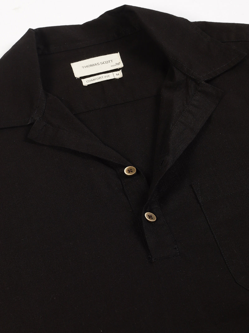 Thomas Scott Men Black Classic Short Sleeves Regular Fit Spread Collar Solid Cotton Casual Shirt