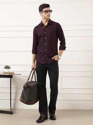 Maroon Premium Regular Fit Long Sleeves Spread Collar Textured Cotton Casual Shirt For Men