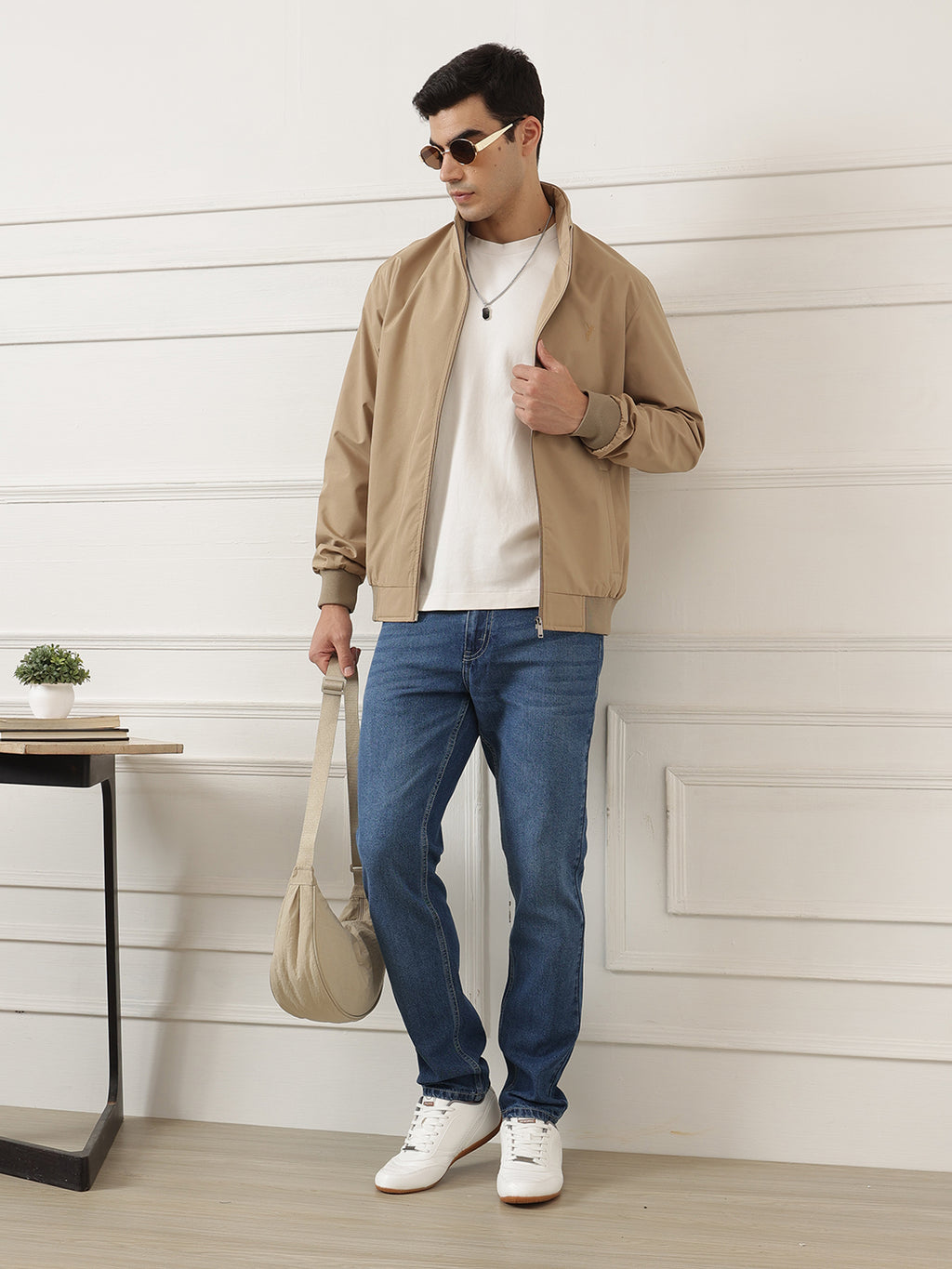 Beige Regular Fit Solid Full Sleeves Stand Collar Zip-Front Casual Bomber Jacket For Men