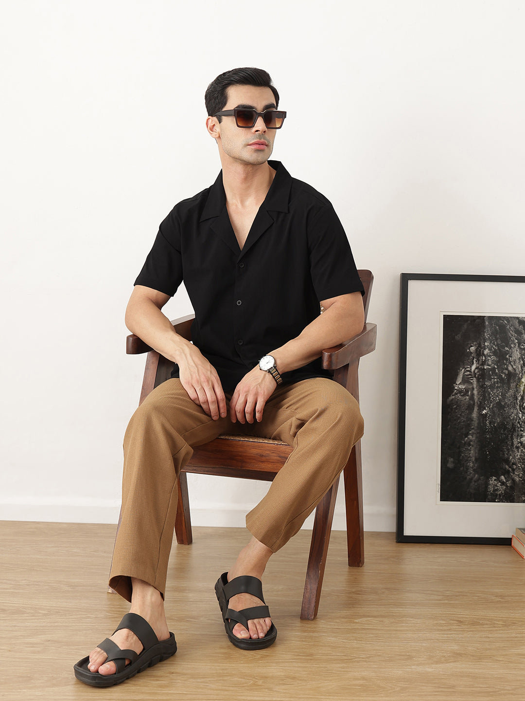 Thomas Scott Men Premium Black Oversize Fit Short Sleeves Cuban Collar Solid Casual Shirt