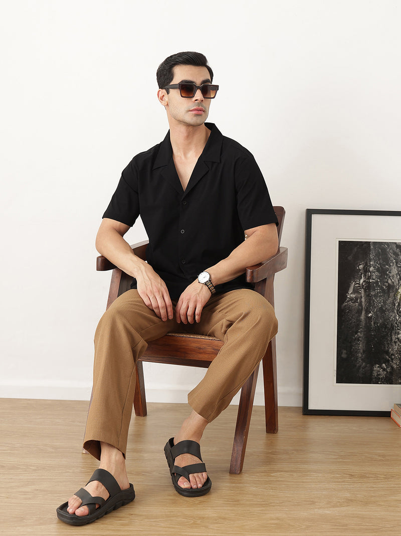 Thomas Scott Men Premium Black Oversize Fit Short Sleeves Cuban Collar Solid Casual Shirt