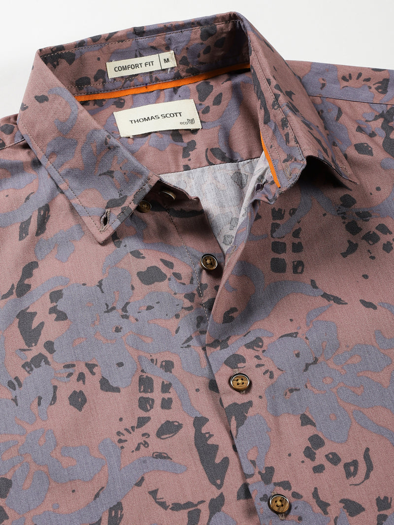 Thomas Scott Men Purple Smart Slim Fit Short Sleeves Spread Collar Floral Printed Cotton Casual Shirt