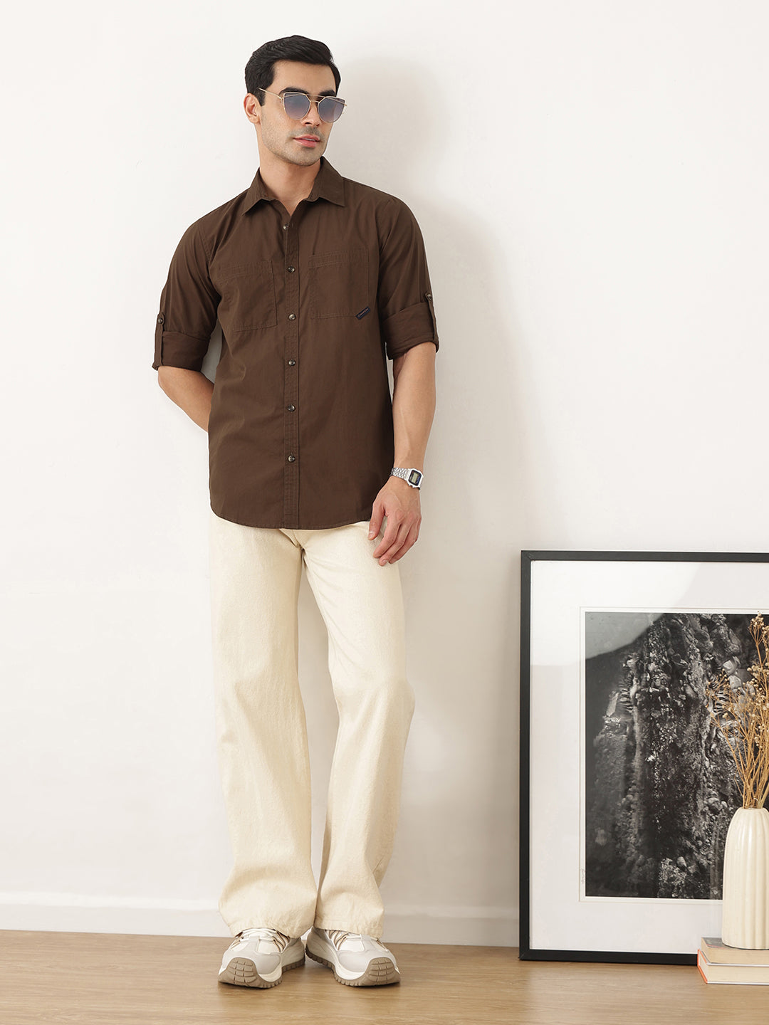 Thomas Scott Men Premium Brown Slim Fit Long Roll-Up Sleeves Spread Collar Solid Cotton Casual Shirts