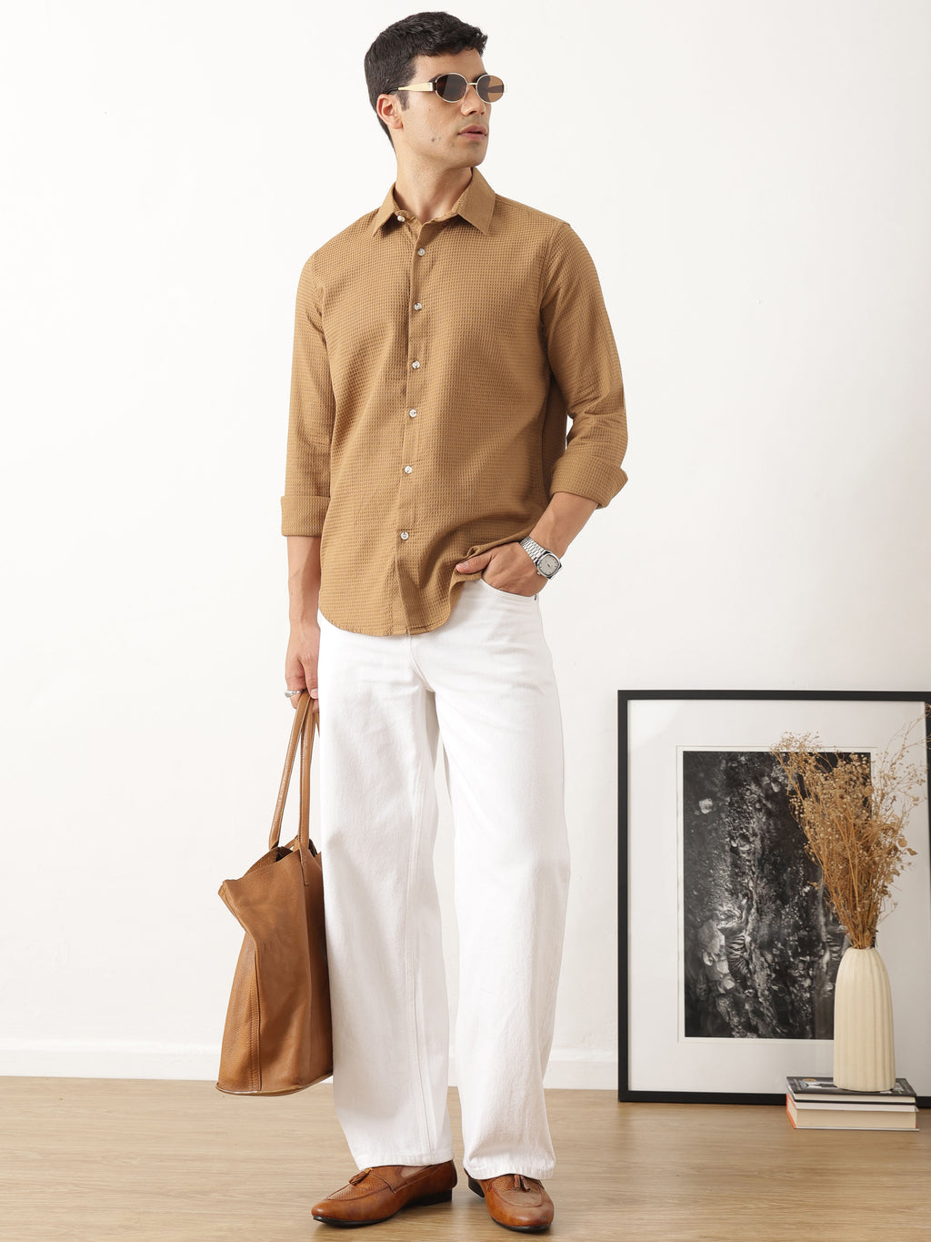 Thomas Scott Men Premium Rust Regular Fit Long Sleeves Spread Collar Textured Casual Shirt