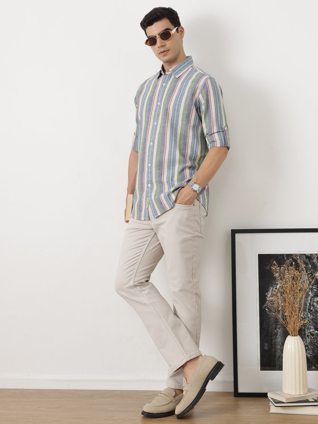 NaturalB Regular Fit Roll-Up Sleeve Spread Collar Vertical Striped Cotton Linen Casual Shirt For Men