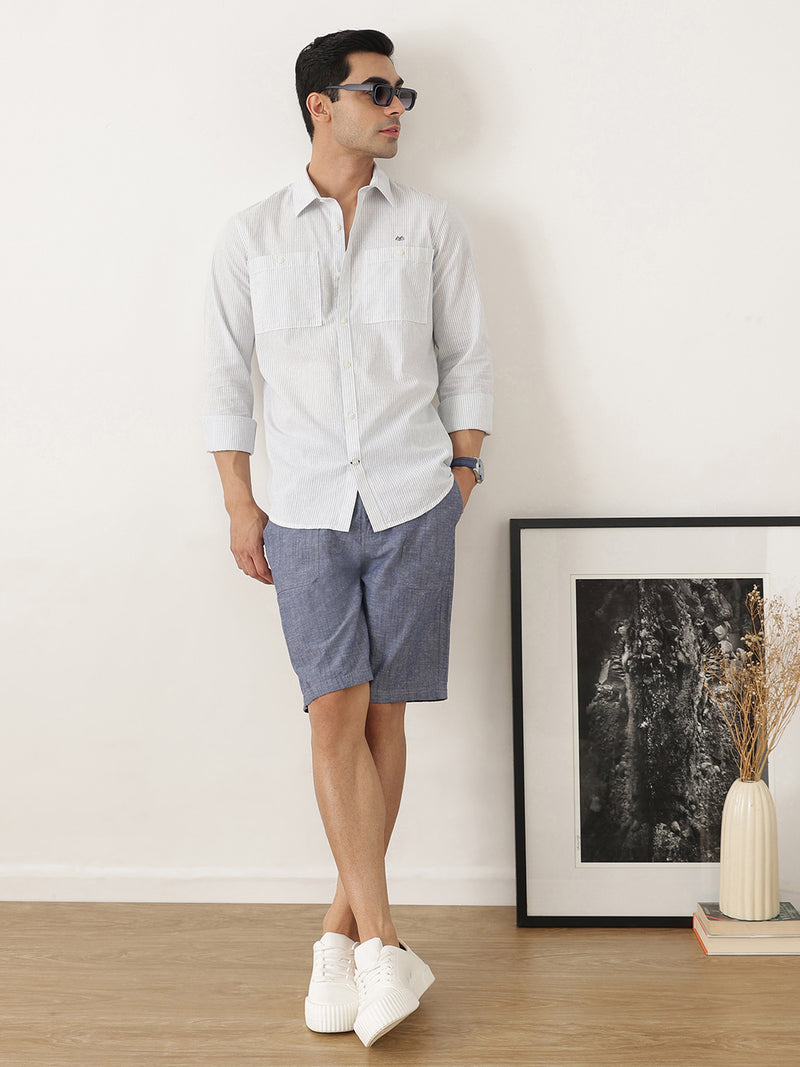 Thomas Scott Men Navy Regular Fit Mid-Rise Solid Woven Cotton Linen Shorts