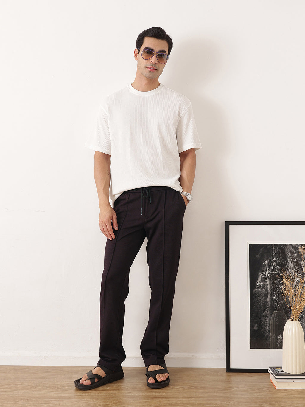 Thomas Scott Men Wine Smart Regular Fit Mid-Rise Textured Pleated Knitted Casual Trousers with Drawstring Closure