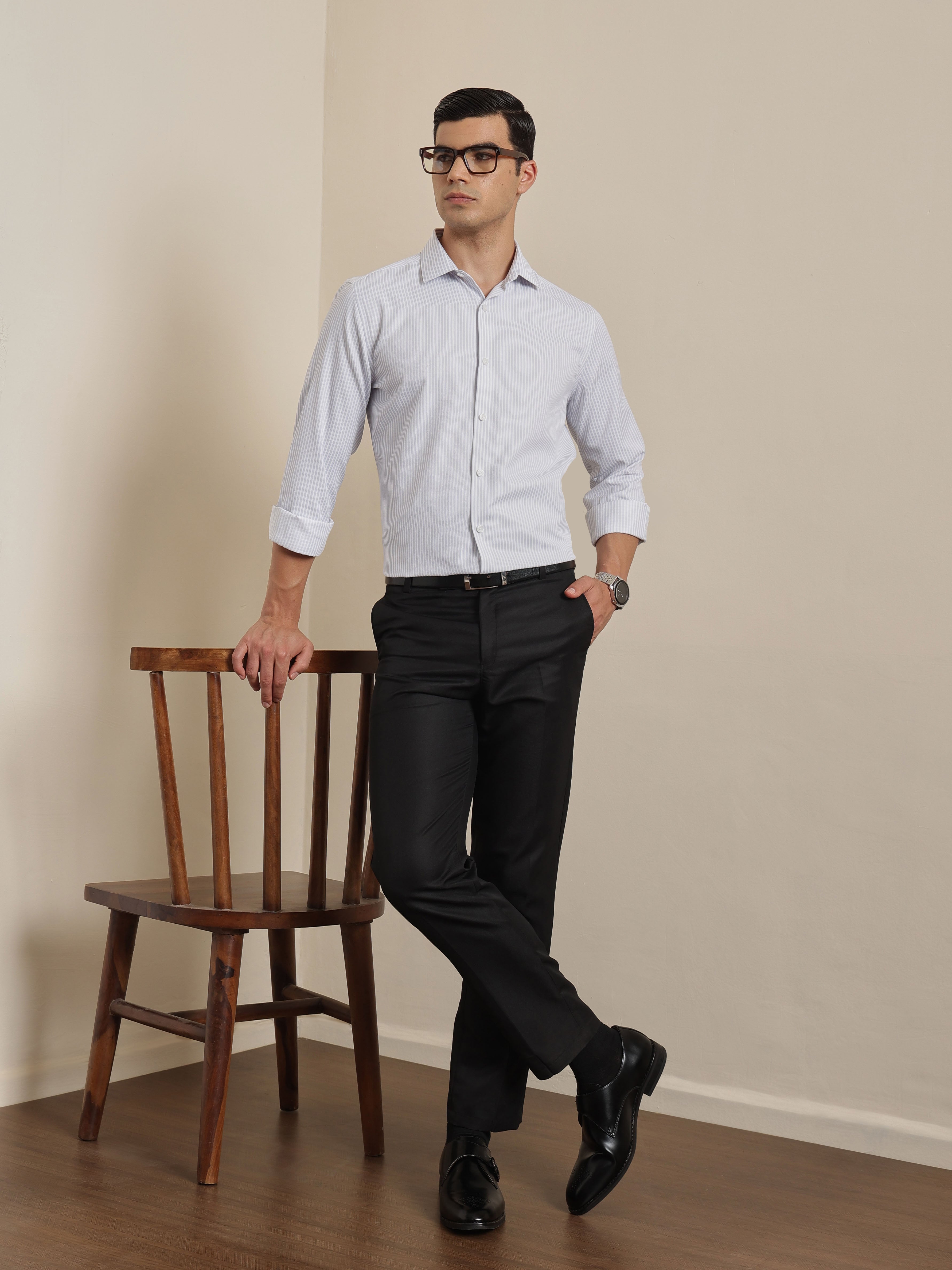 Thomas Scott Men Smart Grey Regular Fit Long Sleeves Semi Cutaway Collar Pinstripes Formal Shirt
