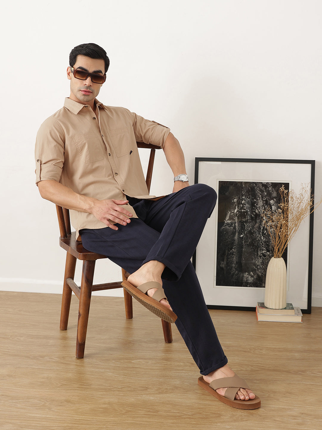 Thomas Scott Men Premium Khaki Slim Fit Long Roll-Up Sleeves Spread Collar Solid Cotton Casual Shirts