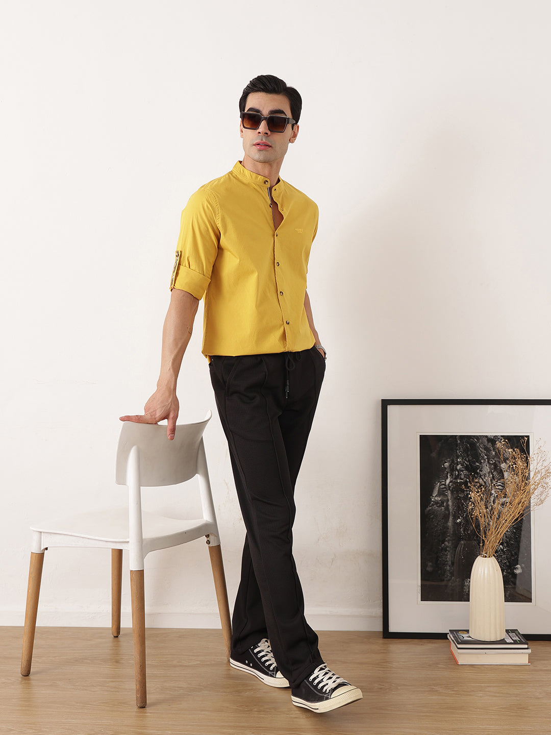 Thomas Scott Men Yellow Premium Regular Fit Long Roll-Up Sleeves Mandarin Collar Solid Cotton Casual Shirts