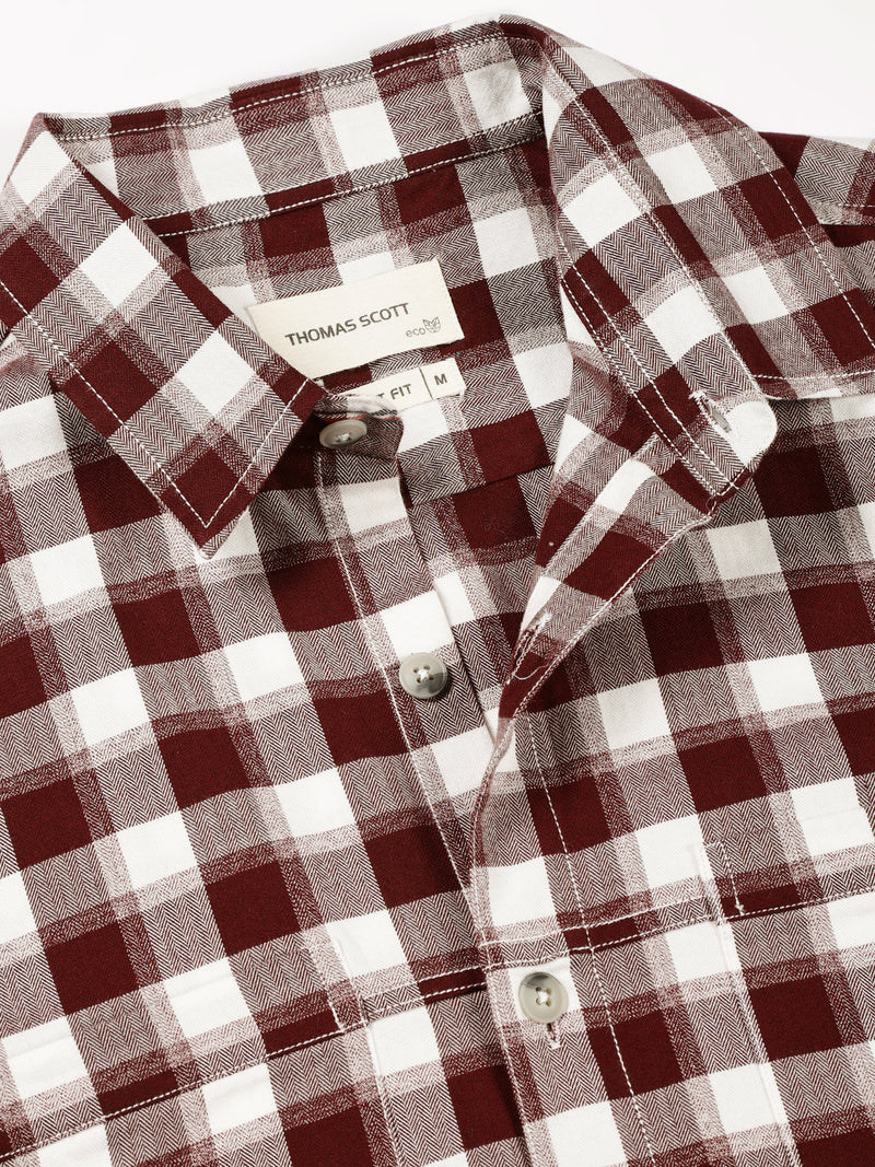 Thomas Scott Men Maroon Standard Long Sleeves Regular Fit Spread Collar Gingham Checked Cotton Casual Shirt