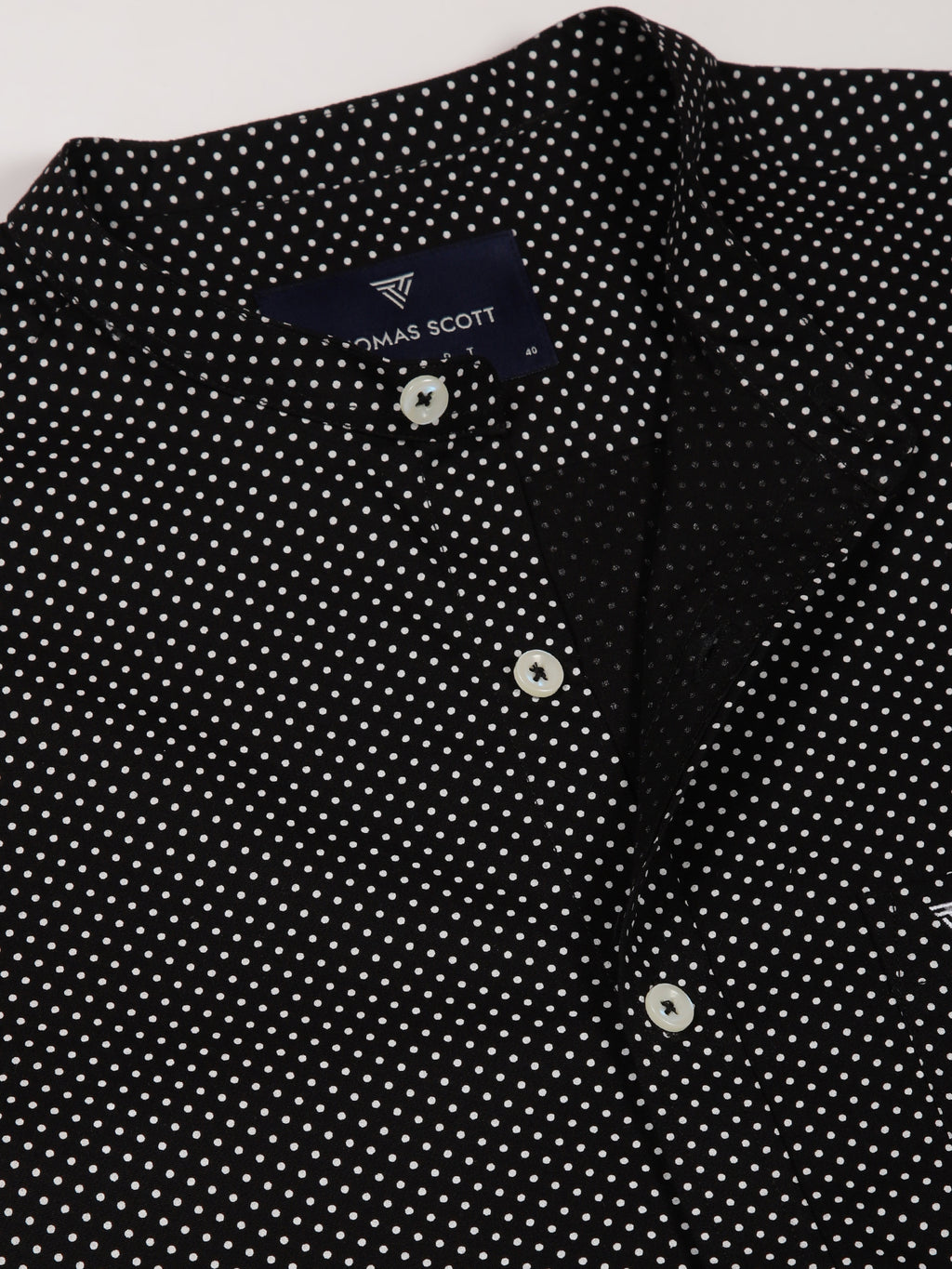 Thomas Scott Men Black Premium Slim Fit Long Sleeves Band Collar Micro Dots Printed Cotton Casual Shirt