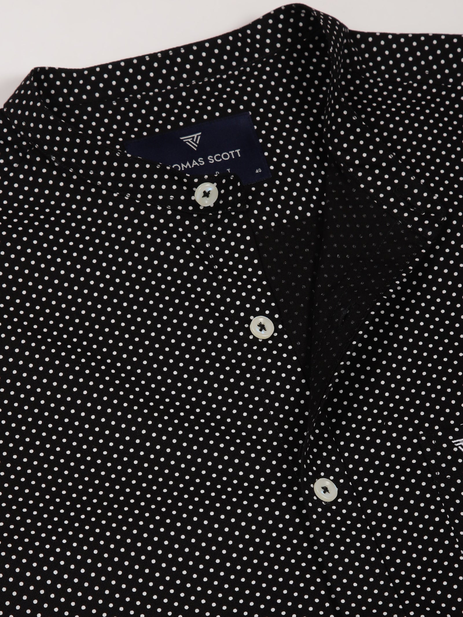 Thomas Scott Men Black Premium Slim Fit Long Sleeves Band Collar Micro Dots Printed Cotton Casual Shirt