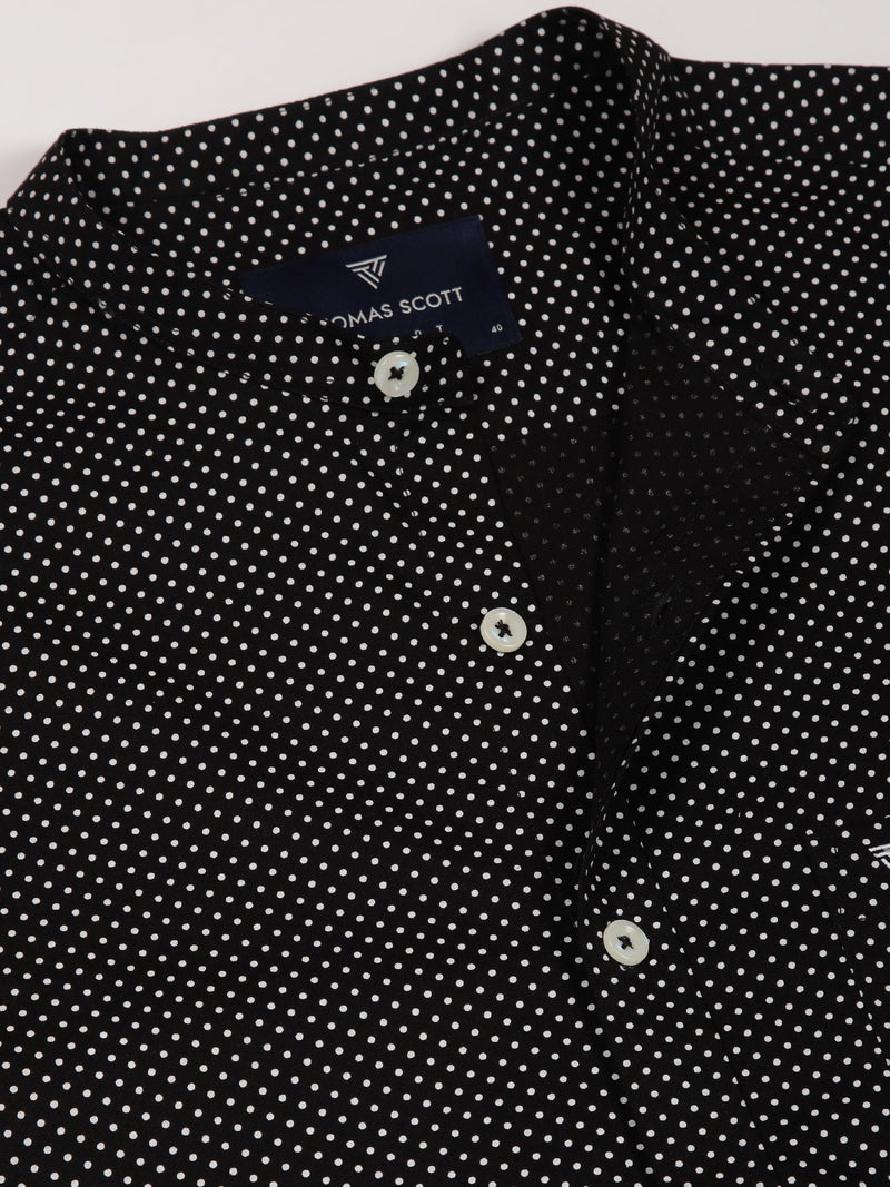 Thomas Scott Men Black Premium Slim Fit Long Sleeves Band Collar Micro Dots Printed Cotton Casual Shirt
