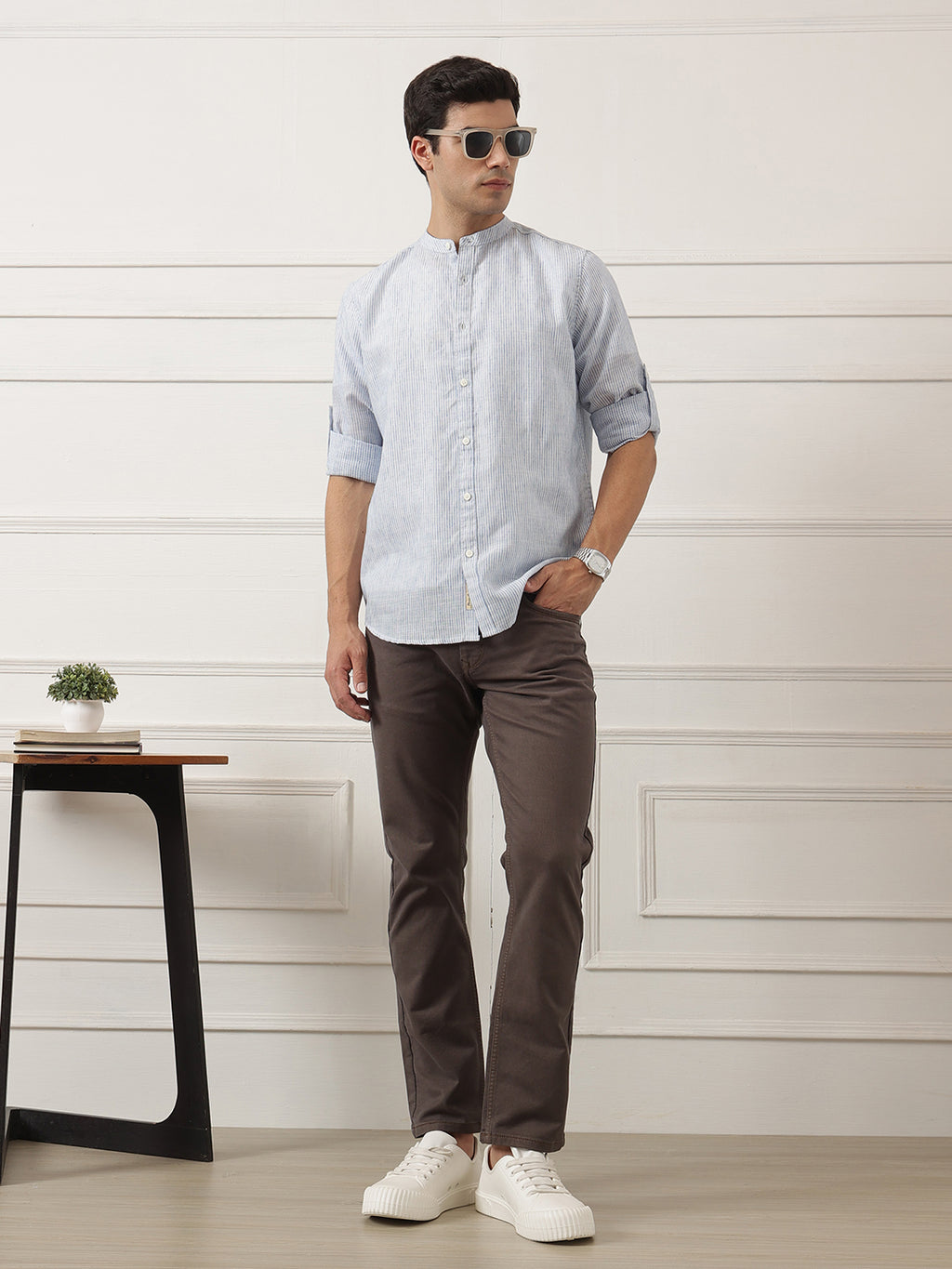 Blue Premium Regular Fit Roll-Up Sleeve Mandarin Collar Pinstripe Linen Casual Shirt for Men