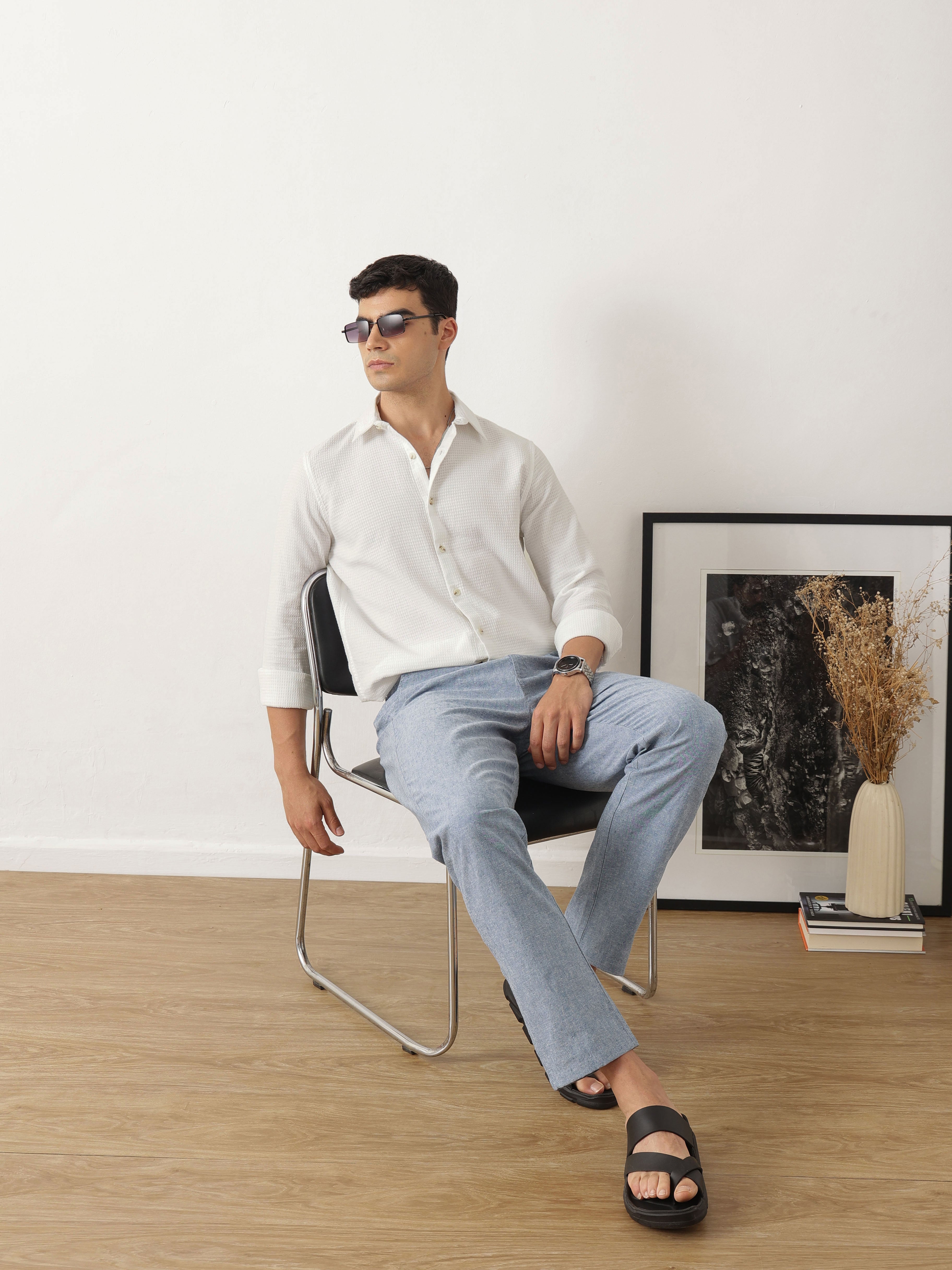 Thomas Scott Men Premium White Regular Fit Long Sleeves Spread Collar Textured Casual Shirt