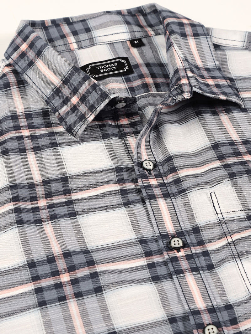 Thomas Scott Men Navy Smart Slim Fit Short Sleeves Tartan Checks Spread Collar Cotton Casual Shirt