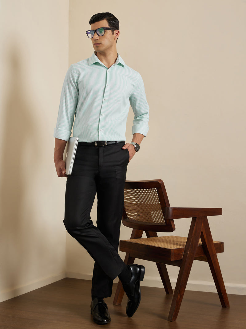 Thomas Scott Men Smart Green Regular Fit Long Sleeves Semi Cutaway Collar Pinstripes Formal Shirt