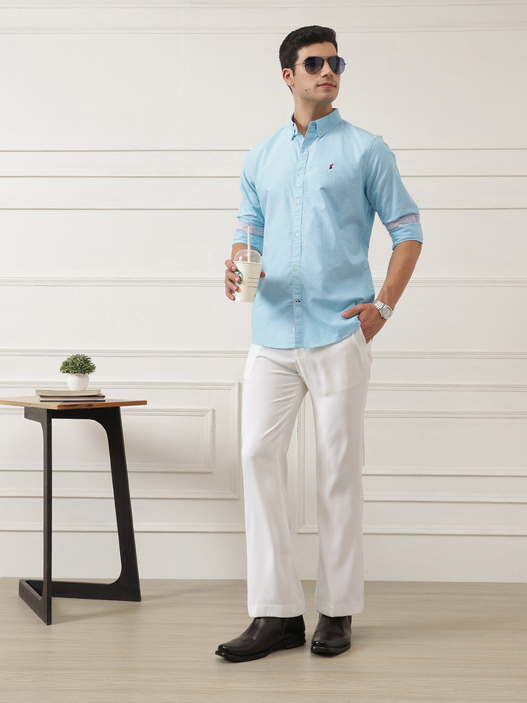 Thomas Scott Men Aqua Premium Regular Fit Button-Down Collar Solid Pure Cotton Casual Shirt