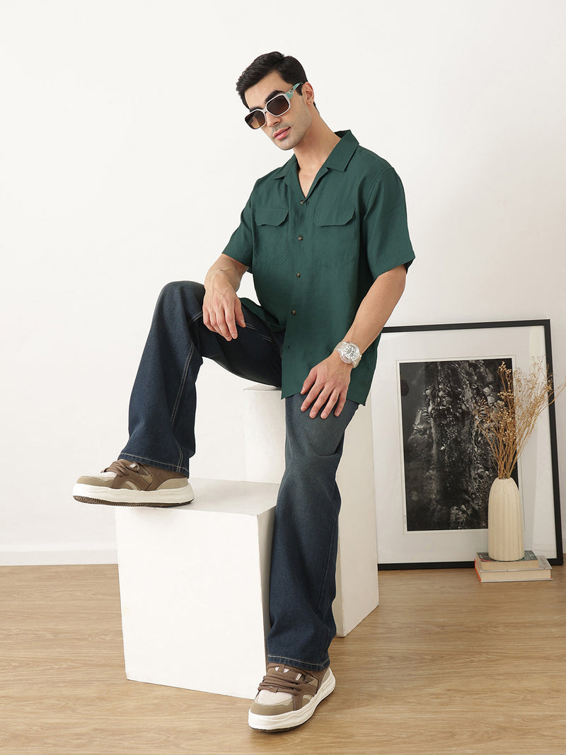 Thomas Scott Men Premium Green Oversize Fit Short Sleeves Cuban Collar Textured Casual Shirt
