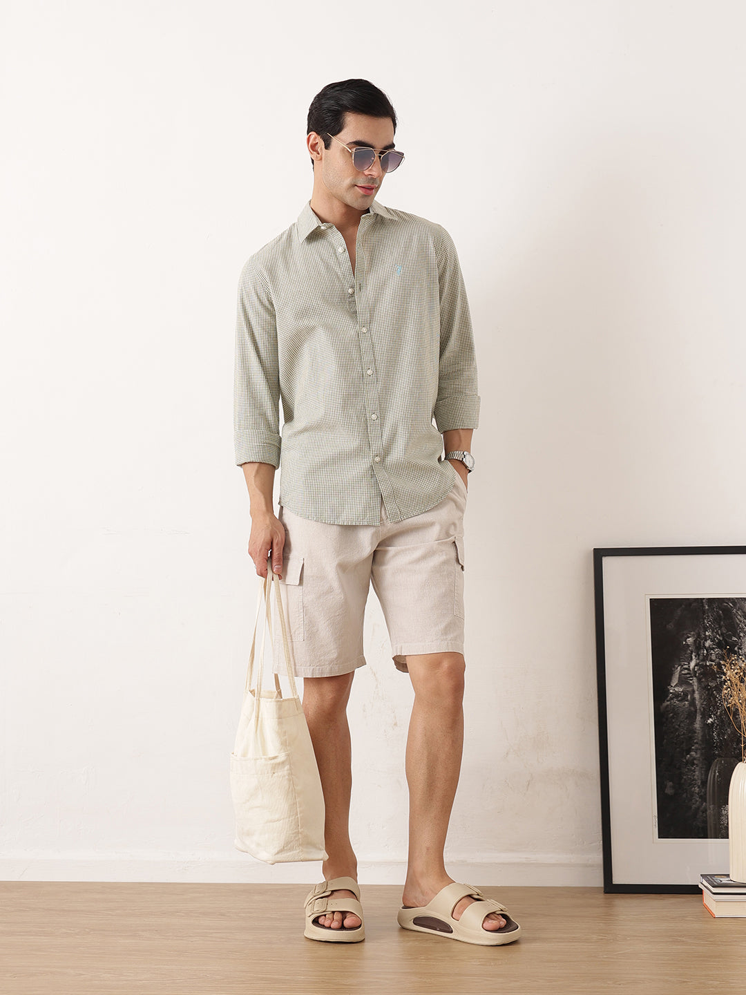 Thomas Scott Men Olive Premium Regular Fit Long Sleeves Spread Collar Gingham Checks Cotton Linen Casual Shirt