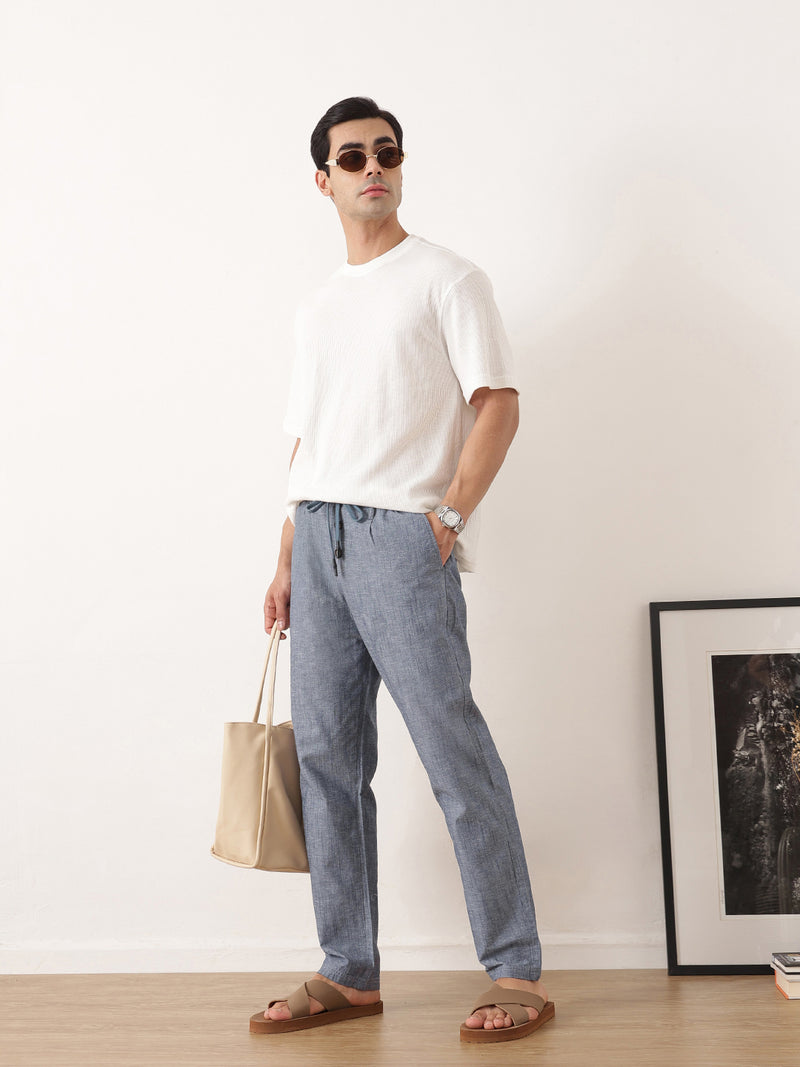 Thomas Scott Men Navy Smart Relaxed Fit Mid-Rise Solid Cotton Linen Pleated Casual Trousers