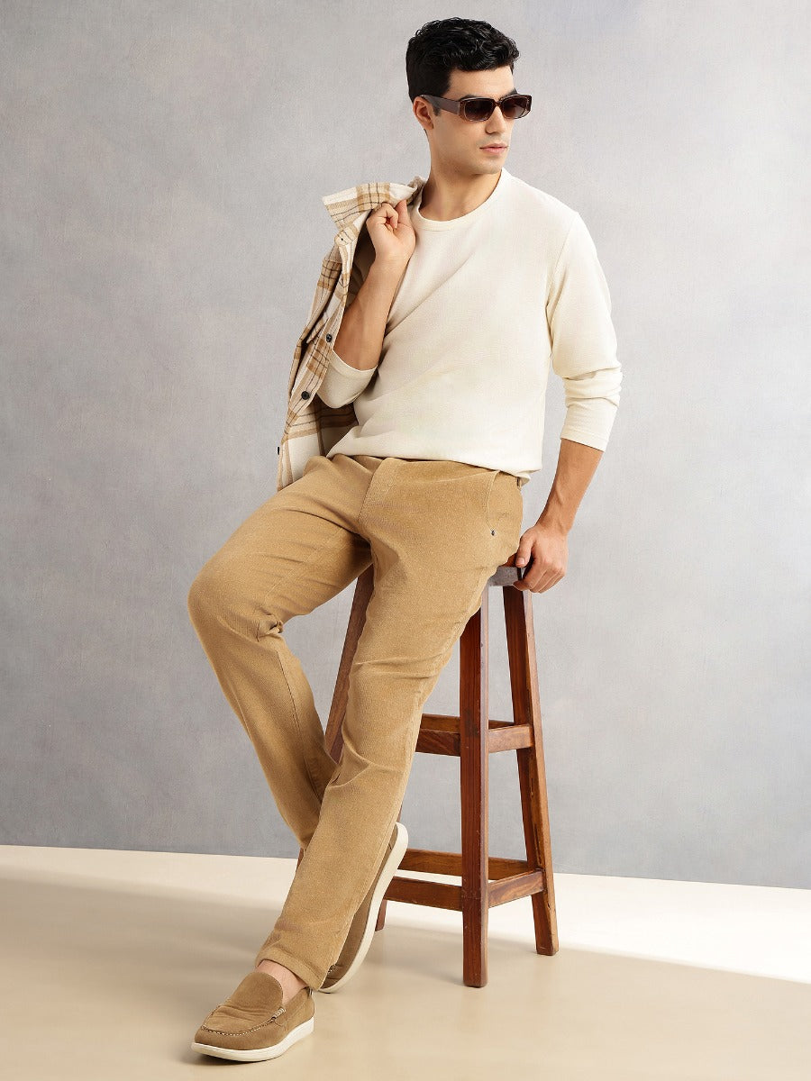 Thomas Scott Men Beige Regular Fit Mid-Rise 4 Pockets Woven Corduroy Trouser