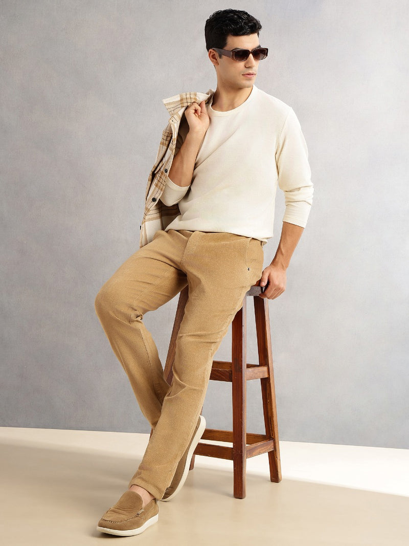 Thomas Scott Men Beige Regular Fit Mid-Rise 4 Pockets Woven Corduroy Trouser