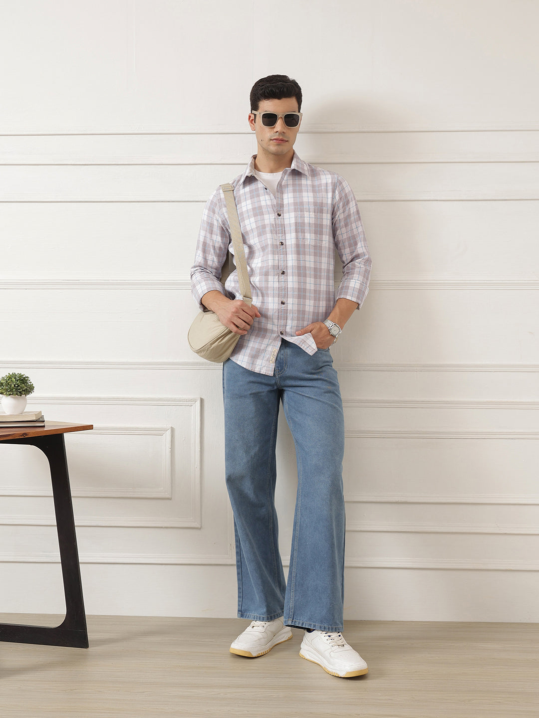 Grey Premium Slim Fit Graphic Checked Cotton Linen Casual Shirt For Men