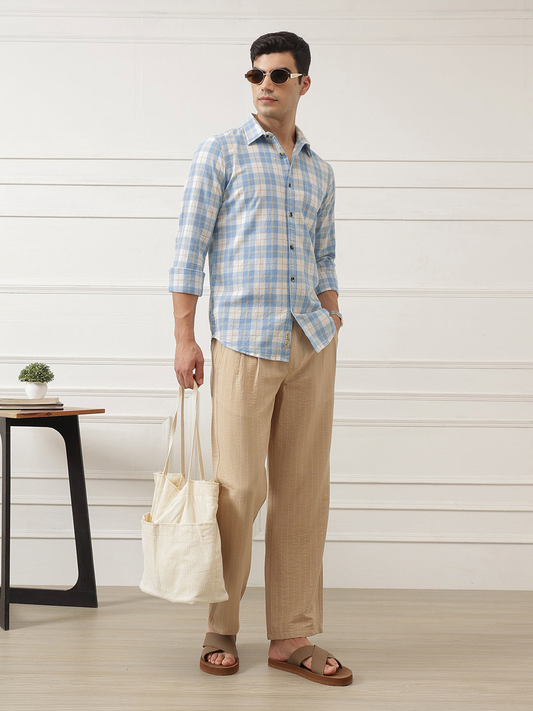 Light Blue Premium Slim Fit Graphic Checked Cotton Linen Casual Shirt For Men