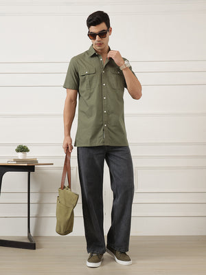 Olive Premium Regular Fit Short Sleeves Spread Collar Textured Casual Shirt For Men