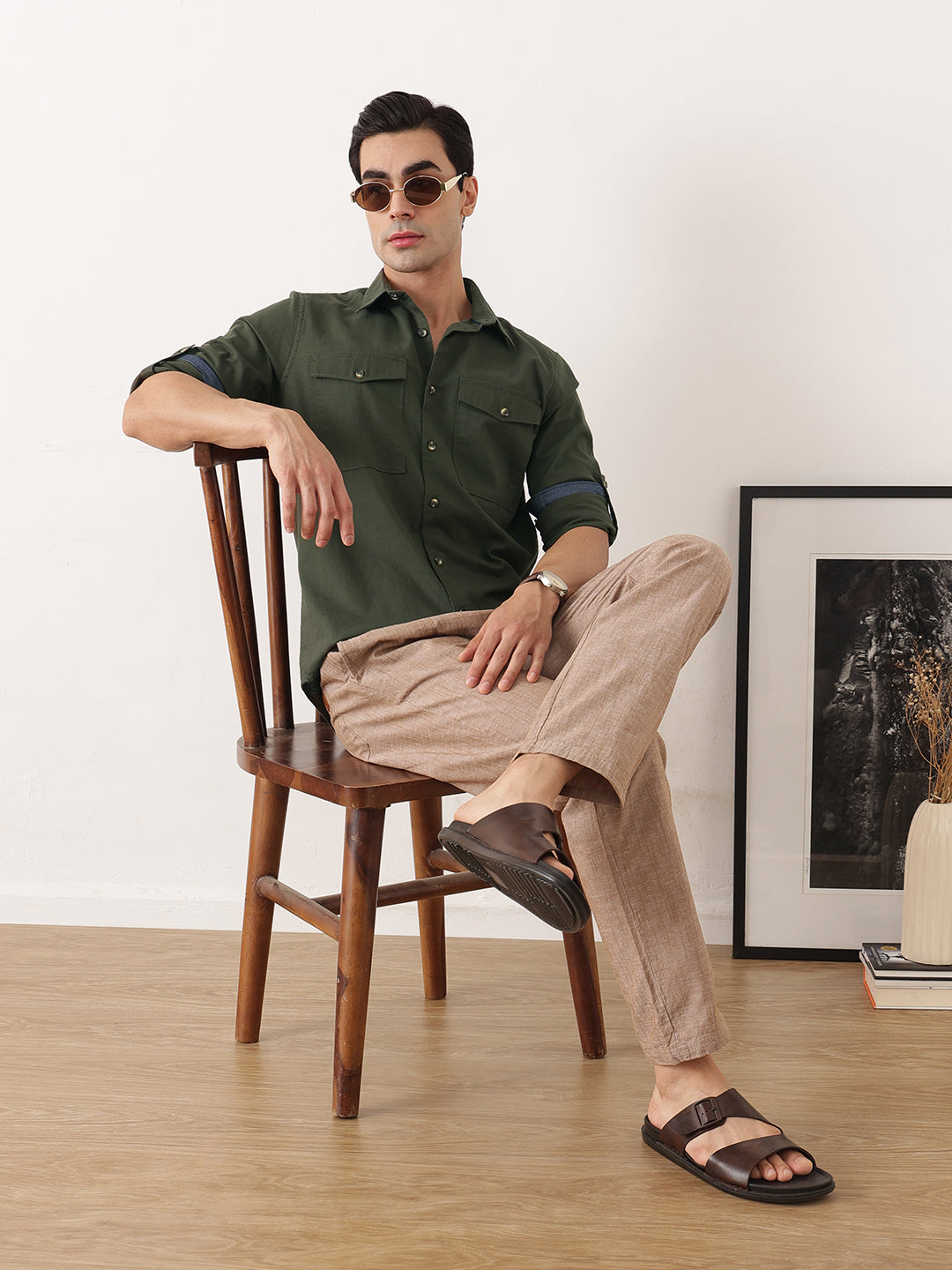 Thomas Scott Men Bottle Green Premium Slim Fit Long Roll-Up Sleeves Spread Collar Solid Cotton Casual Shirt with Flap Pockets