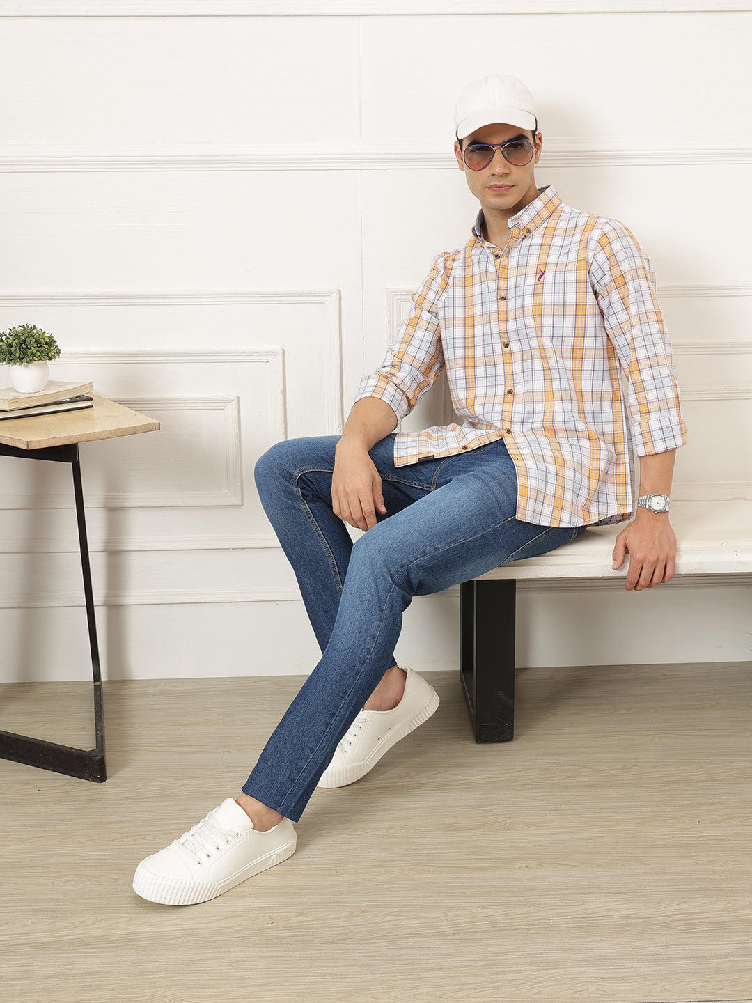 White Premium Regular Fit Tartan Checks Cotton Oxford Shirt For Men