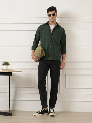 Olive Premium Regular Fit Long Sleeves Spread Collar Solid Cotton Casual Shirt For Men