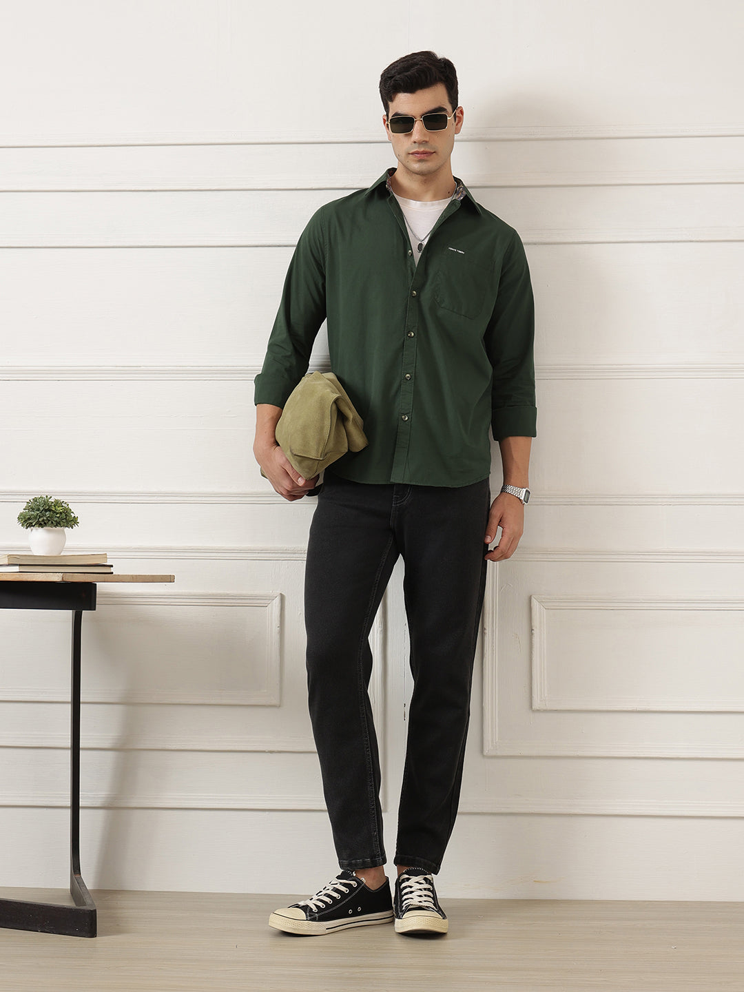 Olive Premium Regular Fit Long Sleeves Spread Collar Solid Cotton Casual Shirt For Men