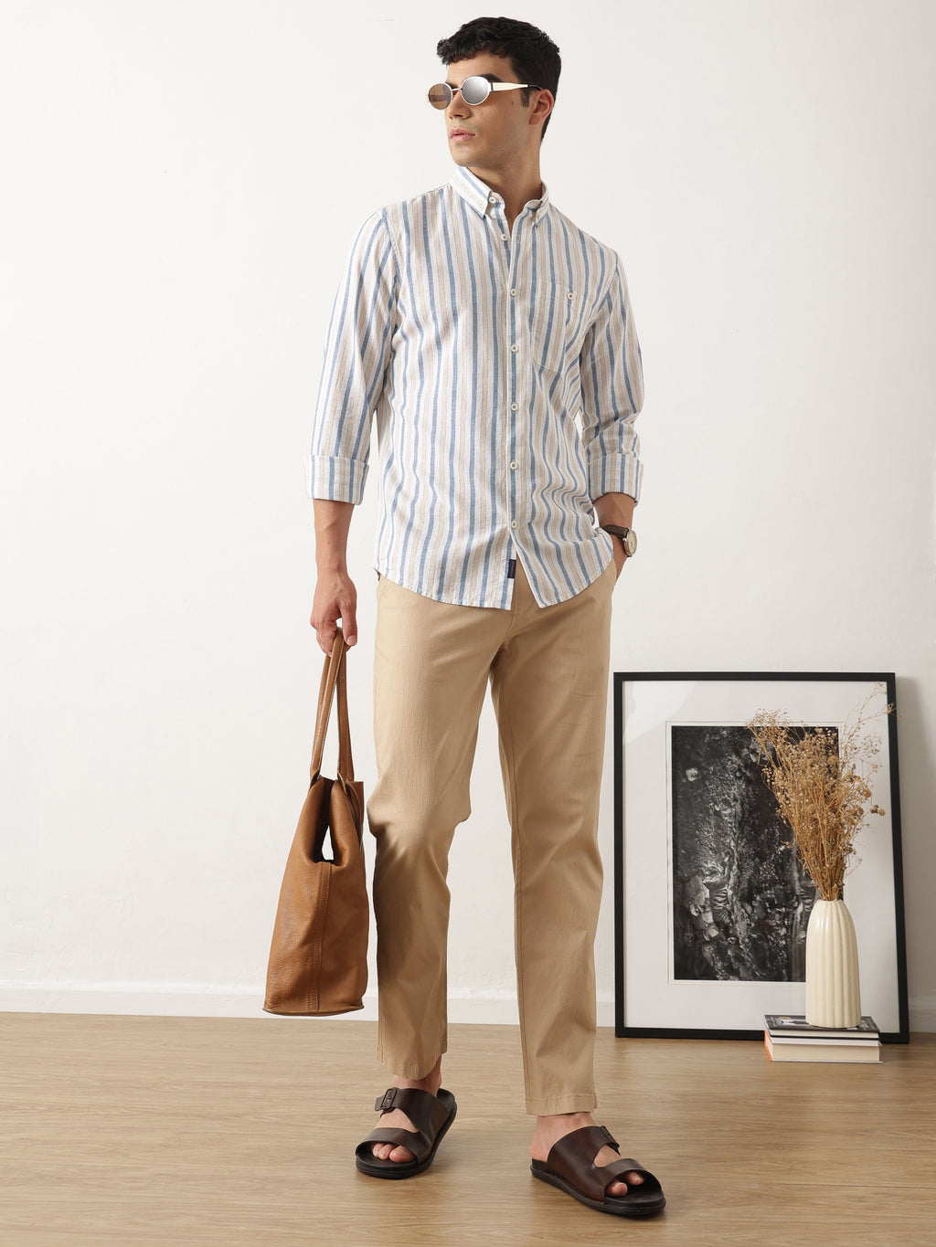 Thomas Scott Men Smart Beige Regular Fit Mid-Rise Solid Woven Cotton Linen Trouser
