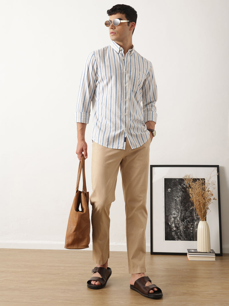 Thomas Scott Men Smart Beige Regular Fit Mid-Rise Solid Woven Cotton Linen Trouser
