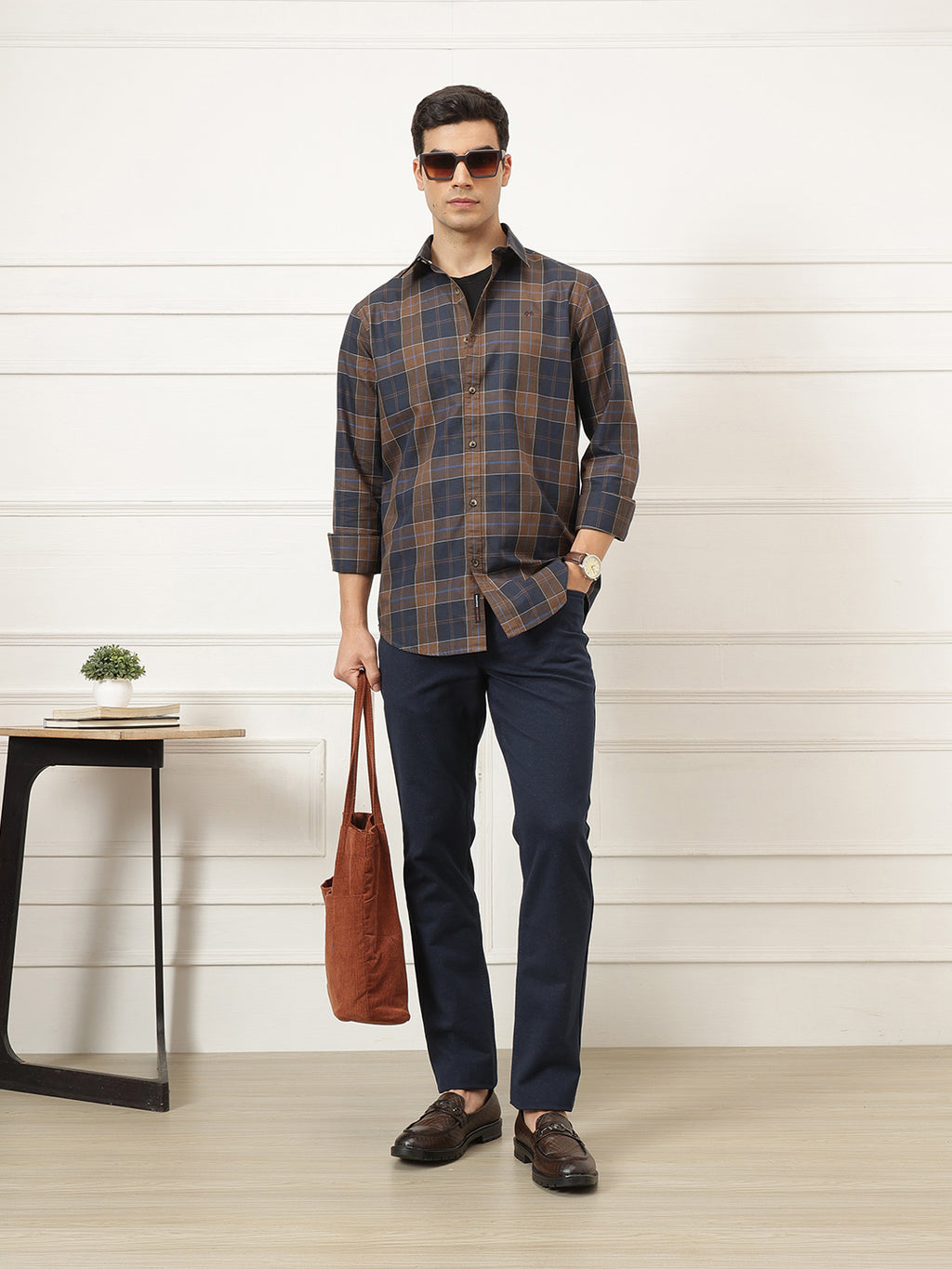 Brown Premium Regular Fit Tartan Checks Cotton Twill Shirt For Men