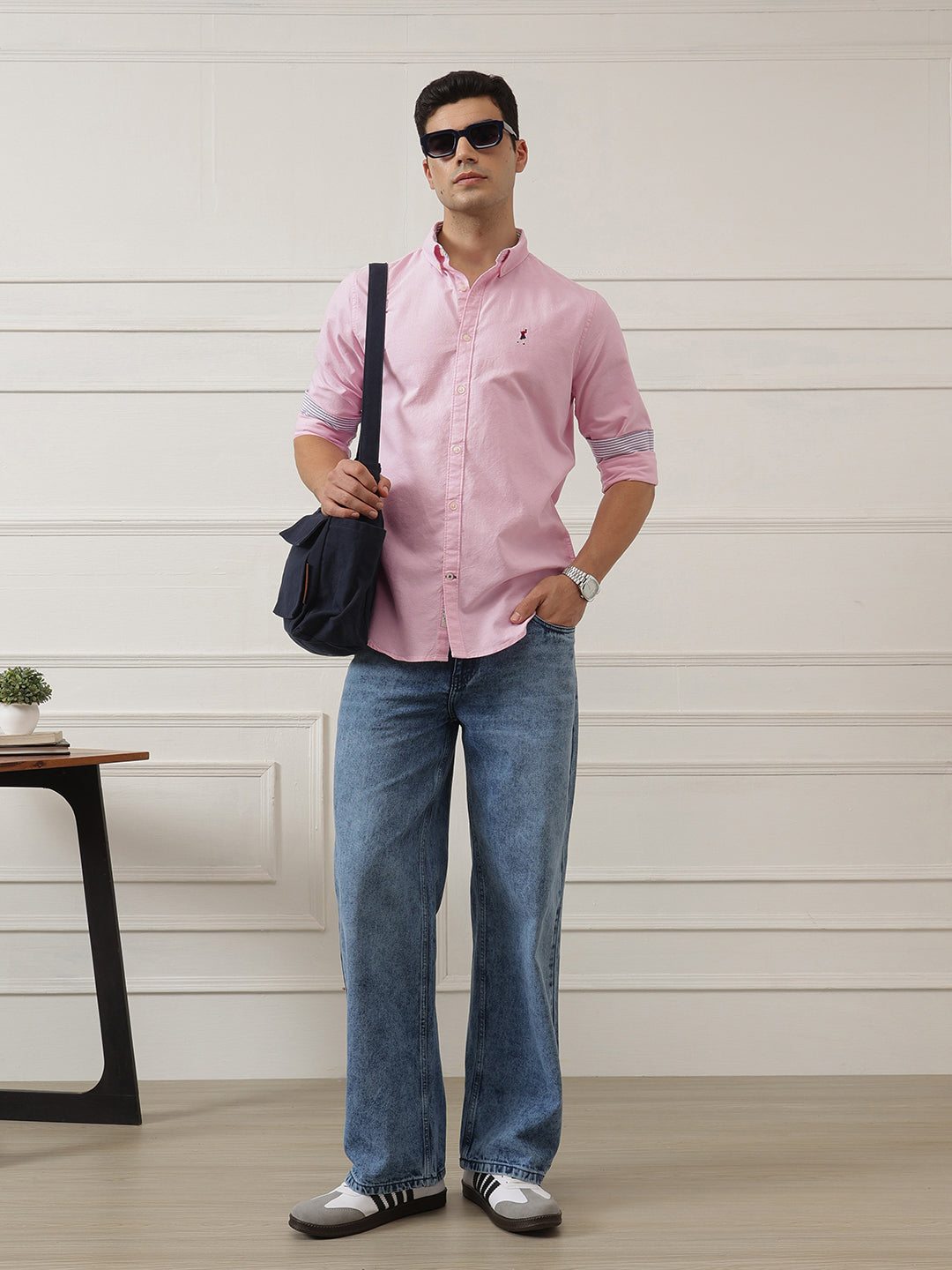 Light Pink Premium Regular Fit Button-Down Collar Solid Pure Cotton Casual Shirt For Men