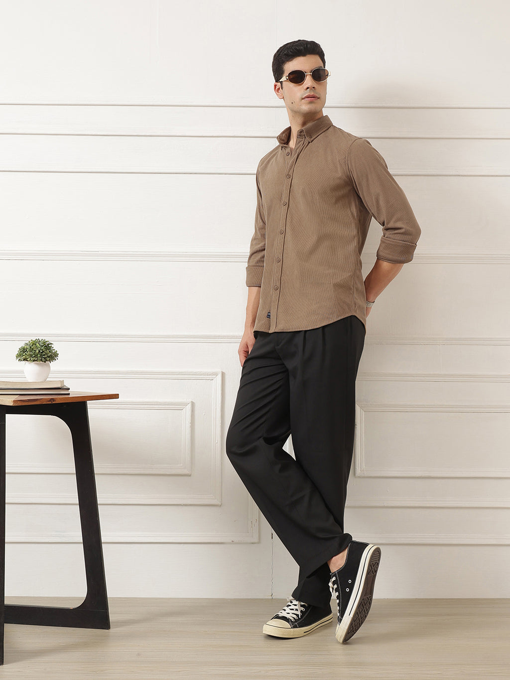 Mid Fawn Premium Slim Fit Full Sleeve Button-Down Collar Corduroy Shirt For Men