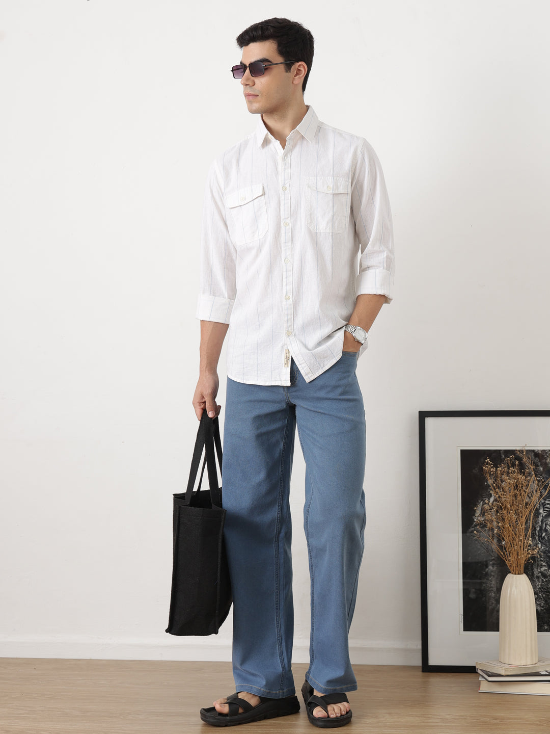 Light Blue Regular Fit Long Sleeves Spread Collar Vertical Stripes Cotton Linen Casual Shirt For Men