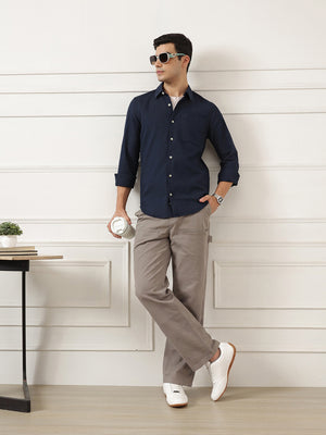 Navy Blue Premium Regular Fit Long Sleeves Spread Collar Textured Cotton Casual Shirt For Men