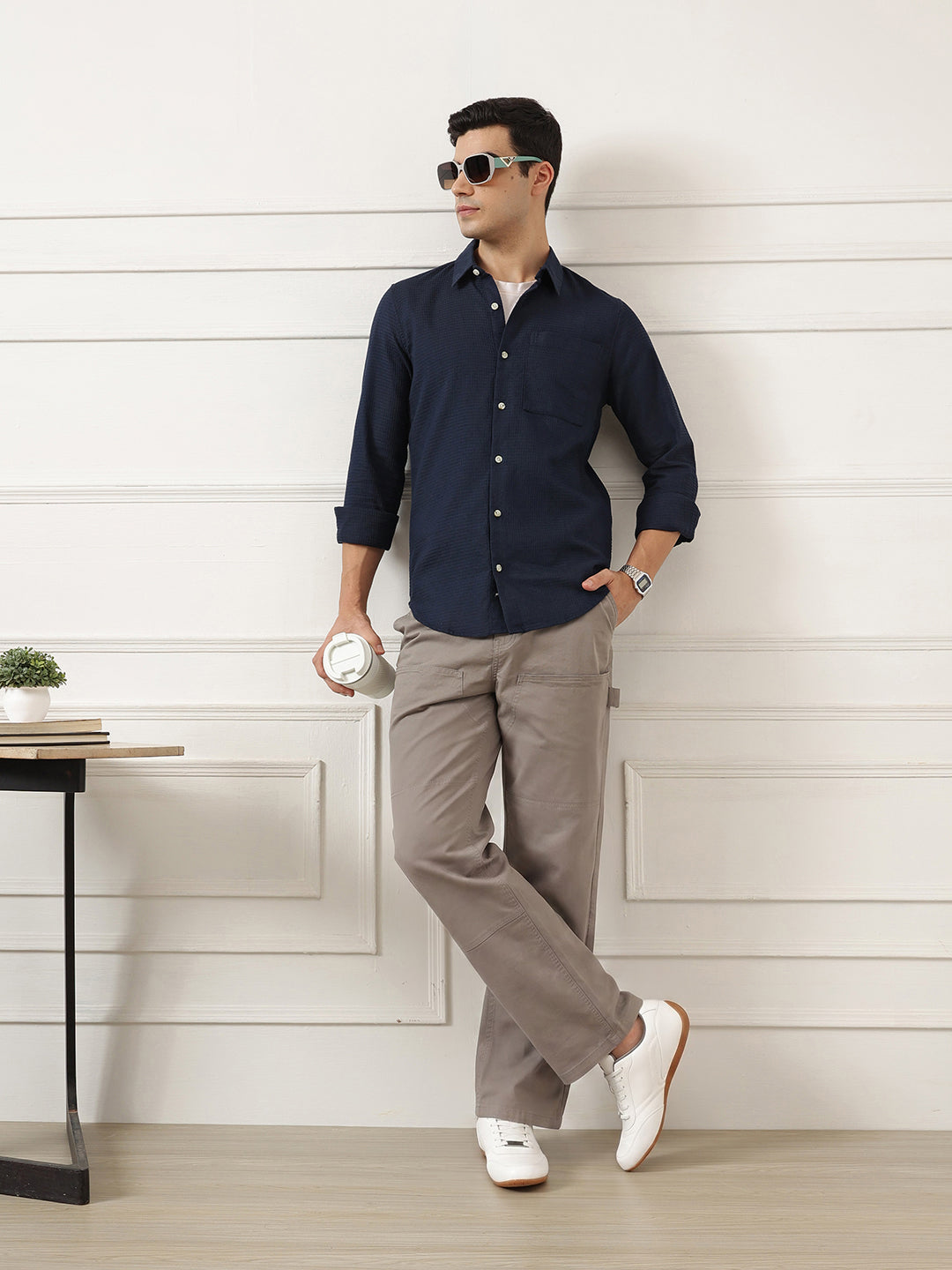 Navy Blue Premium Regular Fit Long Sleeves Spread Collar Textured Cotton Casual Shirt For Men