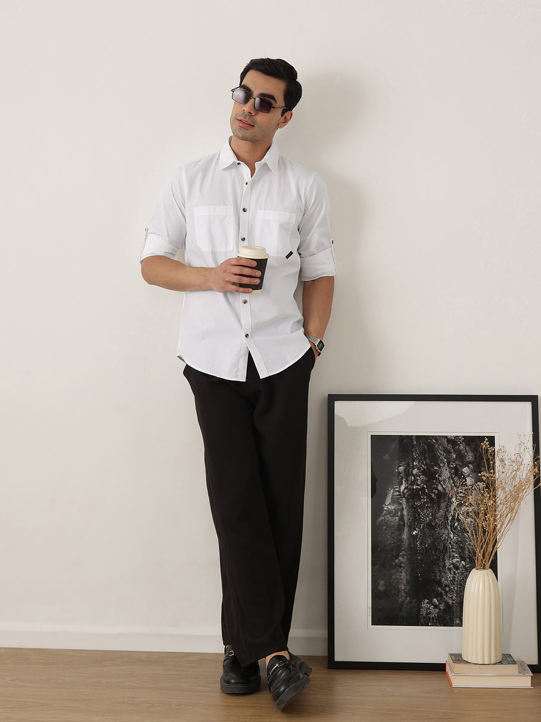 Thomas Scott Men Premium White Slim Fit Long Roll-Up Sleeves Spread Collar Solid Cotton Casual Shirts