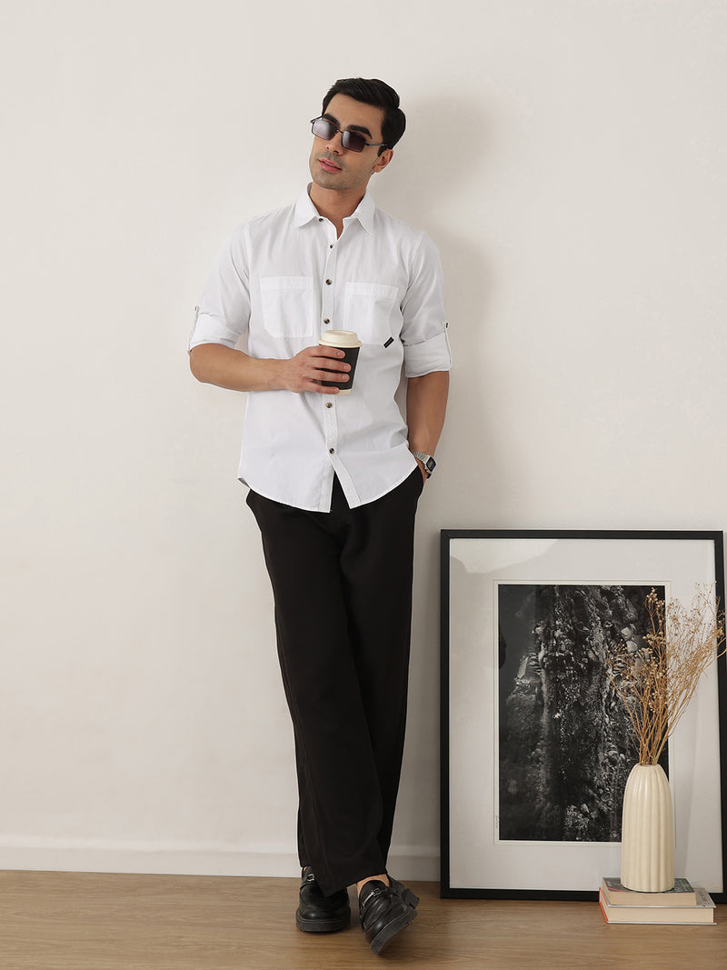 Thomas Scott Men Premium White Slim Fit Long Roll-Up Sleeves Spread Collar Solid Cotton Casual Shirts